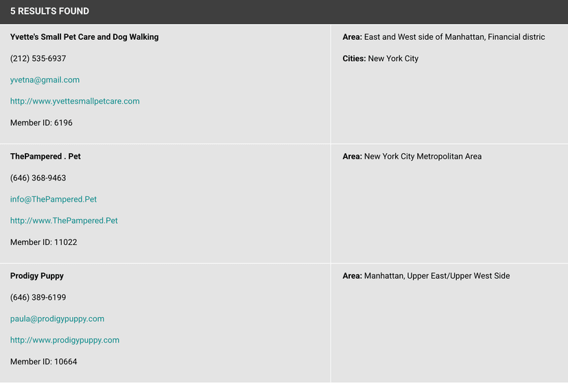 PUPS directory results page