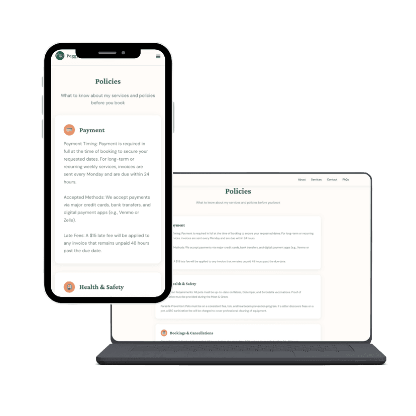 Policies section in the Pets Friendz Professional template