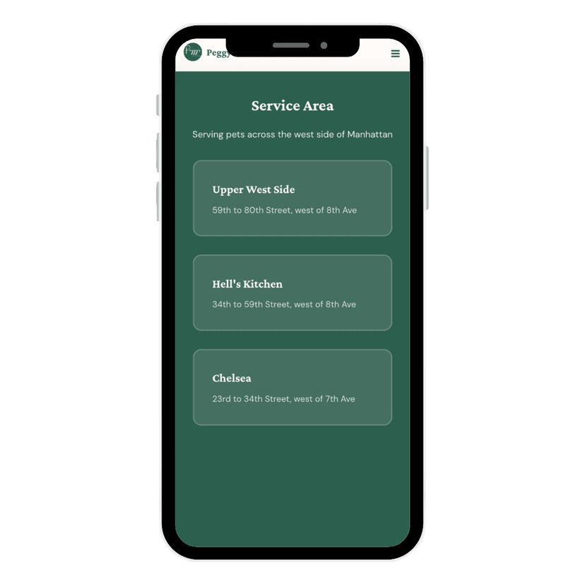 Service Area section in the Pets Friendz Professional template
